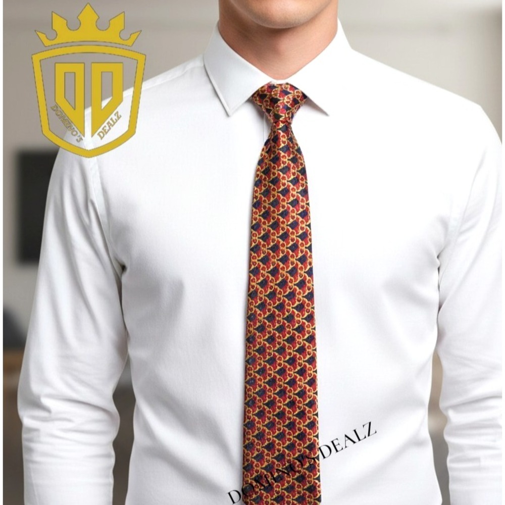 Morgano Uomo Italian Silk Tie Red Black Gold Horse Bit Motif Luxury 59" x 3.7"